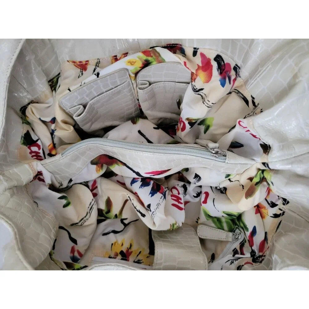 CHI By Carlos Falchi Croc Embossed Beige Leather Hobo Shoulder Bag w/ Dustbag - Picture 6 of 11